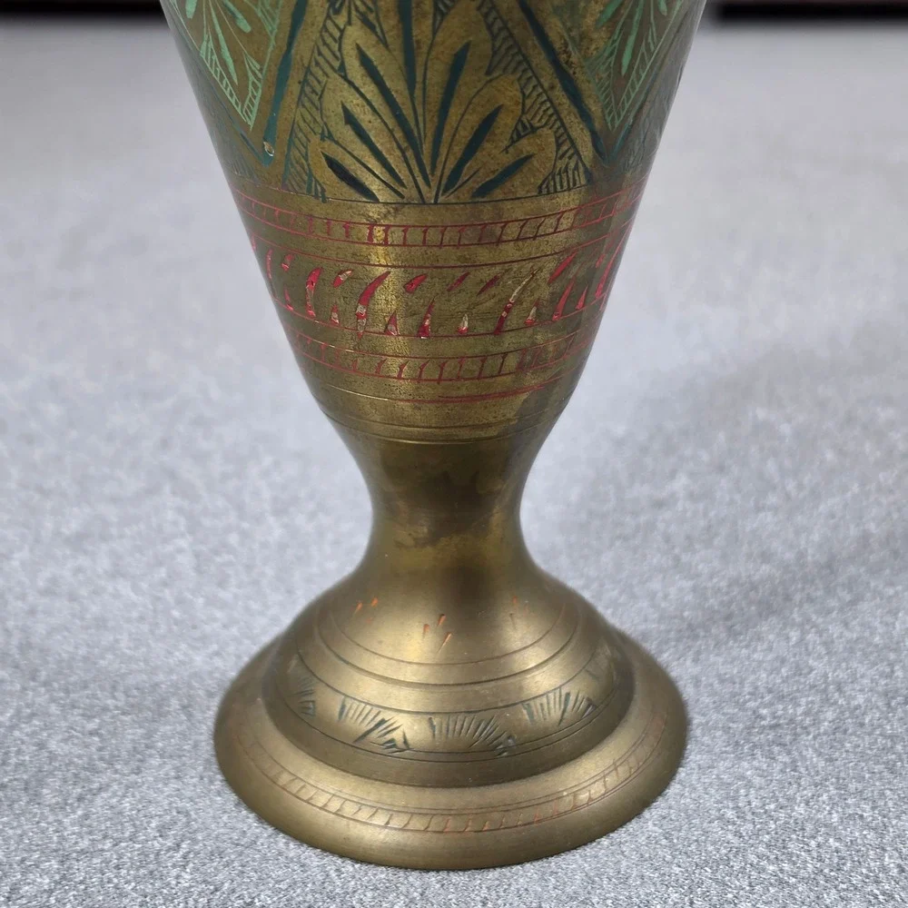 Colored Etched Brass Bud Vase Excellent Enamel‎ Detail
